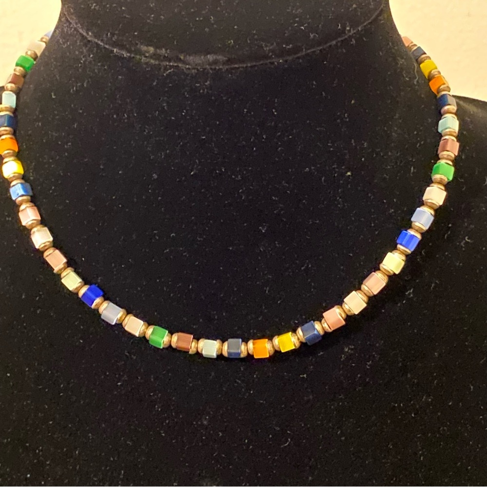 Sterling Silver and Multi-Colored  Cat's Eye Beaded Short Necklace